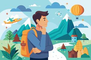 A man with a backpack contemplates travel options, with a plane, hot air balloon, and drone flying overhead, against a backdrop of mountains and a winding path. vector