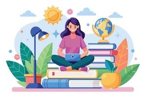 A cartoon illustration of a woman sitting on a stack of books with a laptop in her lap. A globe sits on top of the books with a lamp and greenery in the background. vector