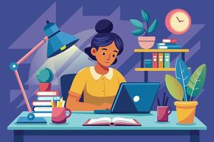 A woman sits at a desk working on her laptop with a desk lamp illuminating her work. Books and plants are visible, creating a cozy and inviting atmosphere. vector