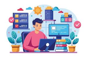 An illustration of a man smiling while working on his laptop at a desk with checklists and books. vector