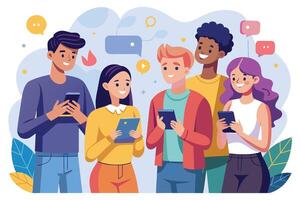 A diverse group of five friends happily using smartphones and tablets together, showing they are connected and enjoying each others company. vector