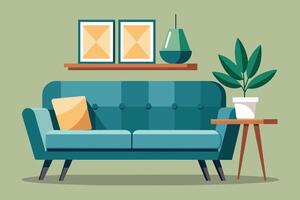A simple illustration of a modern living room interior featuring a green sofa, a plant on a side table, and a shelf with two framed pictures and a decorative object. vector