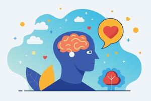 A blue silhouette of a person thinking about love, with a heart in a speech bubble above their head, illustrated in a playful, colorful style. vector