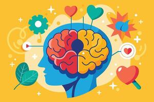 This illustration depicts a human brain with colorful representations of different concepts, including love, creativity, and knowledge. vector