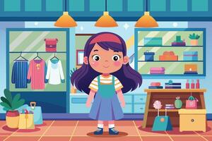 A smiling girl with purple hair stands by a store display, filled with clothes and accessories, looking at the camera. vector