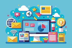 An illustration depicting a computer, tablet, and various icons related to digital marketing strategy, including email marketing, social media, analytics, and search engine optimization. vector