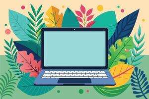 A laptop computer is displayed on a background of bright green, yellow, blue, and pink tropical leaves. vector