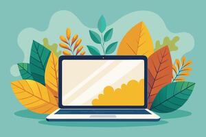 A laptop computer is featured against a background of colorful autumn leaves, showcasing a bright and vibrant scene. vector