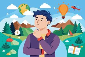 A man gazes at a mountain view, pondering his choices. Travel, adventure, and success symbols hint at the different paths he may explore. vector