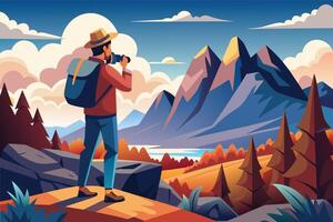 A man in a hat and backpack on a rock takes a photo of mountains with a river and colorful leaves in the foreground. vector