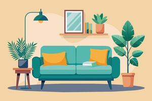 A cartoon illustration of a modern living room featuring a green sofa with yellow pillows, a side table, two plants, a framed picture, and books on a shelf. vector