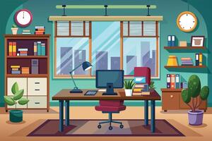 An office desk with a computer, lamp, and chair in front of a window overlooking a city skyline. Room has plants, bookshelves, and wall clocks. vector