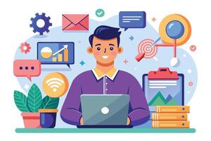 A smiling man sits at his desk working on a laptop. He is surrounded by icons representing business concepts like email, graphs, wifi, and target goals. vector