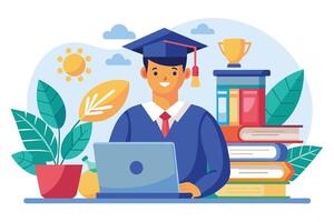 A smiling graduate student, wearing a cap and gown, sits at a desk working on a laptop. There are stacks of books and a trophy behind him, and a plant in a pot to the left. vector