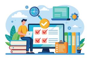 Illustration of a man sitting on books and working on a laptop, with a desktop computer displaying a checklist with checkmarks. vector