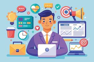 A cartoon illustration of a businessman working on a laptop surrounded by marketing icons, including a growth chart, a target, and a megaphone. vector