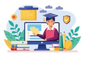 Illustration of a happy graduate student holding a diploma in front of a computer screen, representing online learning and education. vector