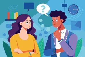 An illustration depicting a man thoughtfully looking to the side with a question mark bubble above his head. A woman, arms crossed, looks at the man with a serious expression. vector