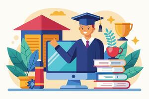 A graduate student in a cap and gown smiles while teaching an online course from home. They are using a computer, and the background includes books, a trophy, and other decorations. vector