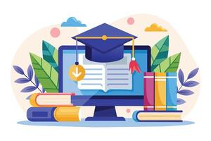 A colorful illustration depicting online education, featuring a computer with an open book, a graduation cap, and stacks of books. vector