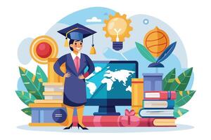 A smiling graduate woman in a cap and gown stands in front of a computer displaying a world map, with books, a lightbulb, and other academic symbols surrounding her. vector