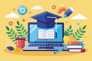 A laptop computer with an open book on the screen, a graduation cap on top, a pencil, and a stack of books. The image is a colorful illustration representing online learning and education. vector