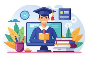 An illustration depicting a happy graduate student studying online. The student is wearing a graduation cap and gown, holding a book in their hands, and is sitting in front of a computer. vector