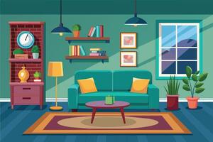 A cartoon illustration of a living room with a teal sofa, a coffee table, and a large window. There are two hanging lamps and a floor lamp. The walls are green. vector
