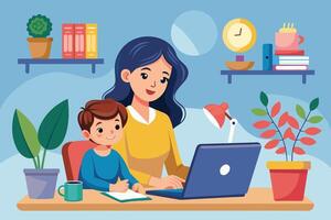 An illustration of a mother and son working together from home at a desk. The mother is using a laptop while the son is writing in a notebook. vector