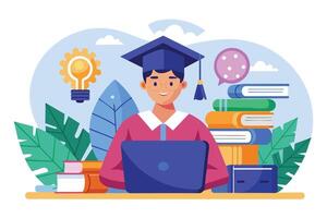 A cartoon illustration of a happy graduate student wearing a cap and gown, working on a laptop. He is surrounded by books and a lightbulb. vector