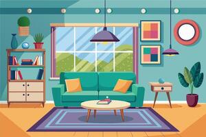 A cartoon illustration depicting a modern living room with a green sofa, a bookshelf filled with books, plants, and a large window overlooking a green landscape. vector