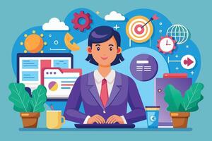 Cartoon businesswoman at desk with computer, target, globe, and clock. Sitting ready to work, hands on keyboard, focused on tasks. vector