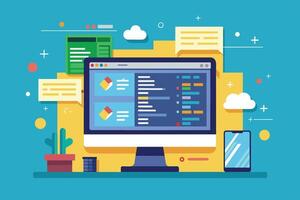 A flat illustration depicting a desktop computer with a code editor open, a smartphone, and a plant on a desk with a blue background. vector