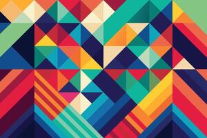 A vibrant abstract geometric pattern design featuring a colorful array of triangles and stripes in shades of red, orange, yellow, green, blue, and purple. vector