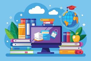 A colorful illustration depicting global education with a computer, books, a globe, an apple, and green leaves. vector
