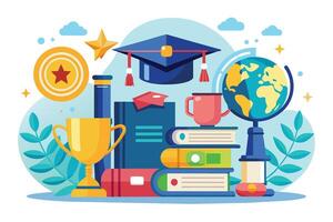 An illustration featuring a graduation cap, a trophy, a stack of books, a globe, and other related items. vector