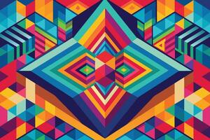 A vibrant, abstract image featuring a symmetrical design made up of overlapping colorful geometric shapes, creating a mesmerizing optical illusion. vector