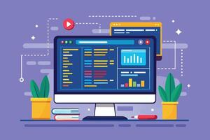 Illustration of a desktop computer with open windows displaying data analytics charts, graphs, and code. vector