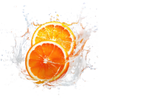 Orange slices with water splash bright light on transparent background.Generated image. png