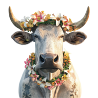 Cow with Flowers on Its Head on Transparent Background AI-Generative png