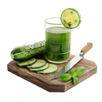 Cucumber Juice with Slices and Knife on Wooden Cutting Board AI-Generative png