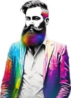 Rainbow-hued full beard adorns man's vibrant portrait. AI-generated. png