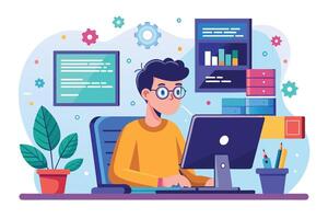 A cartoon illustration of a young man working on a desktop computer at an office desk. He is wearing glasses and a yellow shirt and is focused on his work. vector