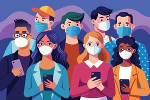 Diverse group wearing masks and using smartphones stand together in unity, representing community during a time of need. vector