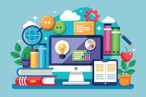 A colorful illustration of a desk with a computer, books, pens, and other learning supplies, suggesting a vibrant learning environment. vector