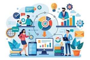 An illustration of business people working together on a digital marketing strategy. They are using charts, graphs, and other digital tools to track their progress and make decisions. vector