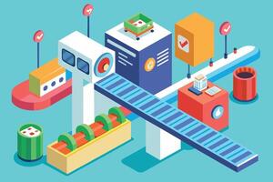 An illustration depicting an automated factory system with conveyor belts, quality control checks, and a final product in a green container. vector