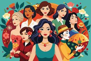 A vibrant illustration of eight diverse women, each with unique features and clothing, gathered amidst a colorful display of blooming flowers. vector
