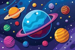 A cartoon illustration of planets and stars in outer space, featuring a bright blue planet with a ring, and other planets in various colors. vector