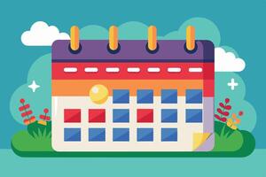 This illustration depicts a colorful calendar with a yellow circle highlighted on the first day of the month, surrounded by green grass and clouds. vector